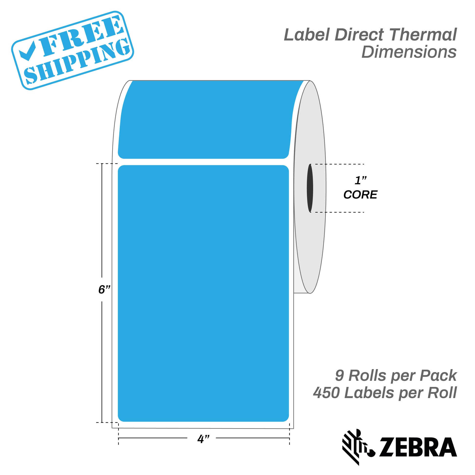 4”X6" - Direct Thermal Labels - 1” Core - 9 Rolls per Pack - 450 labels per roll - (4050 Labels) - warehouse supplies