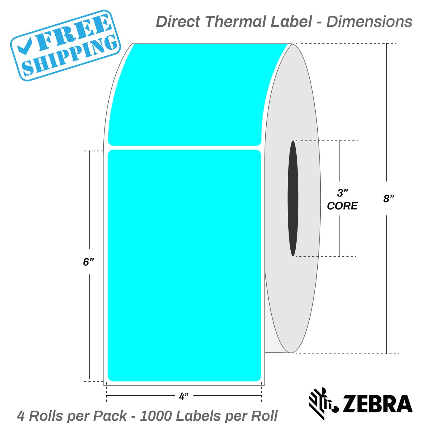 4”X6" - Direct Thermal Labels - 3” Core - 4 Rolls per Pack - 1000 labels per roll - (4000 Labels) - warehouse supplies