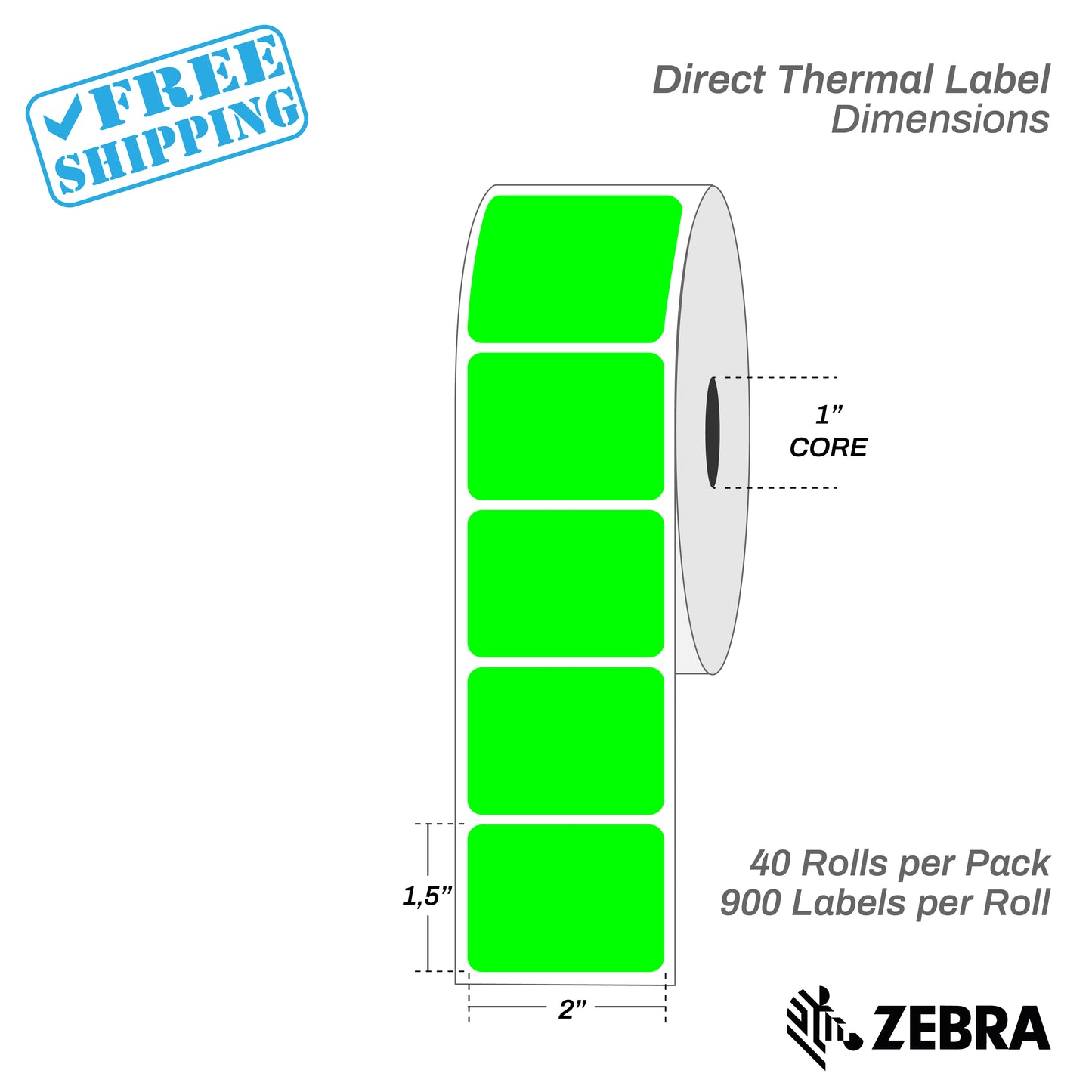2"x1.5" - Direct Thermal Labels - 1” Core - 40 Rolls per Pack - warehouse supplies
