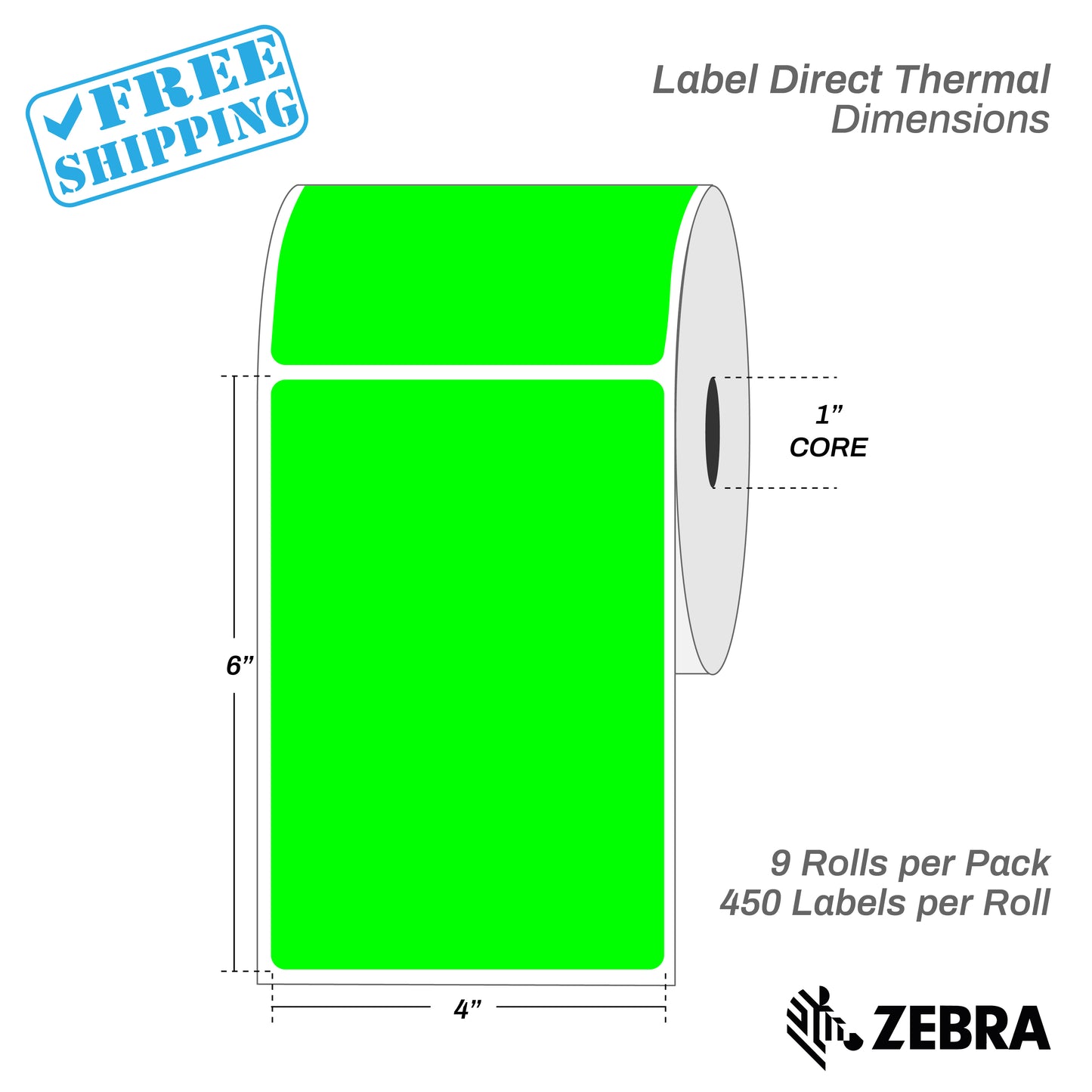 4”X6" - Direct Thermal Labels - 1” Core - 9 Rolls per Pack - 450 labels per roll - (4050 Labels) - warehouse supplies