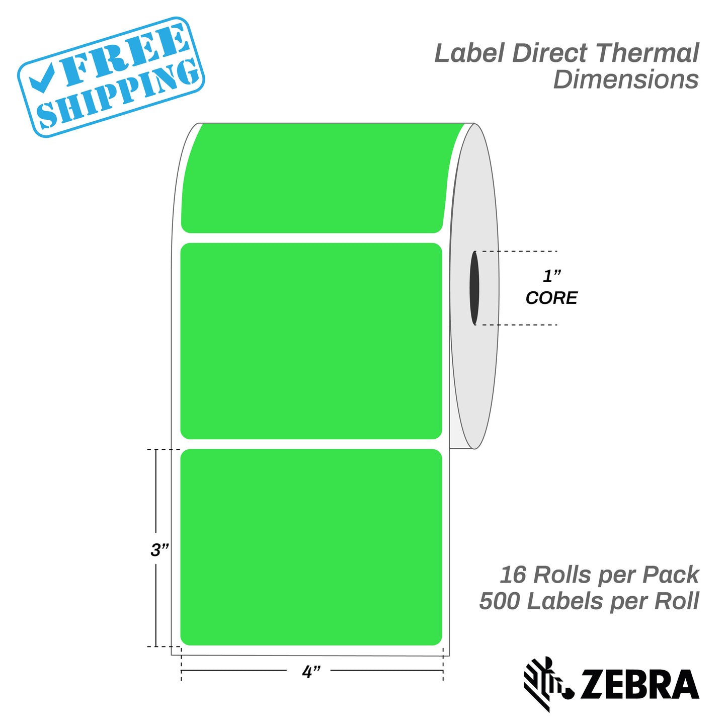 4”X3" - Direct Thermal Labels - 1” Core - 16 Rolls per Pack - 500 labels per roll - (8000 Labels) - warehouse supplies