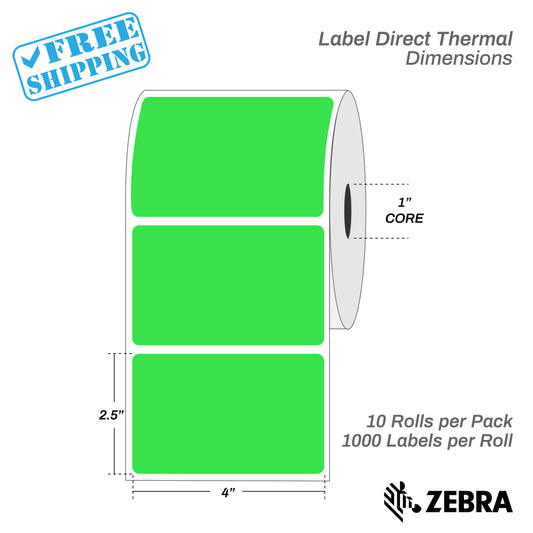 4”X2.5" - Direct Thermal Labels - 1” Core - 10 Rolls per Pack - 1000 labels per roll - (10000 Labels) - warehouse supplies