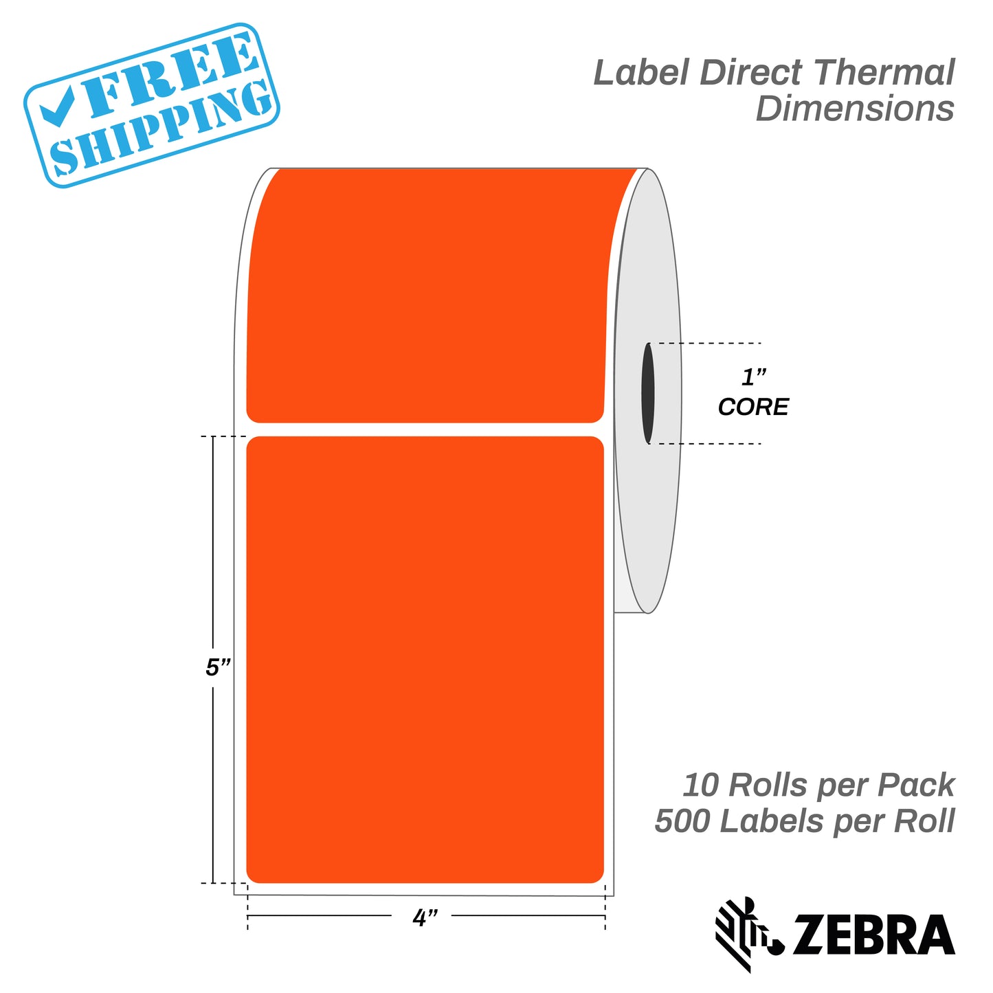 4”X5" - Direct Thermal Labels - 1” Core - 10 Rolls per Pack - 600 labels per roll - (6000 Labels) - warehouse supplies
