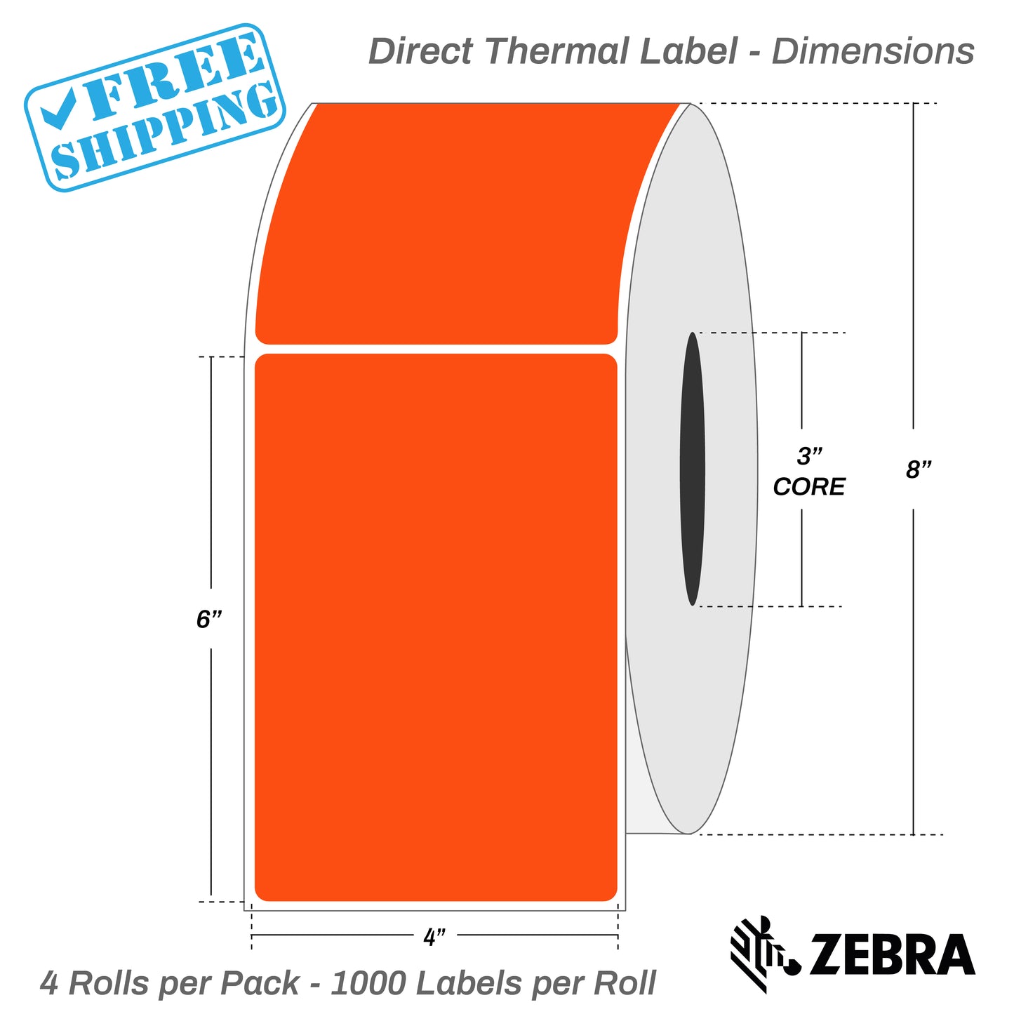 4”X6" - Direct Thermal Labels - 3” Core - 4 Rolls per Pack - 1000 labels per roll - (4000 Labels) - warehouse supplies