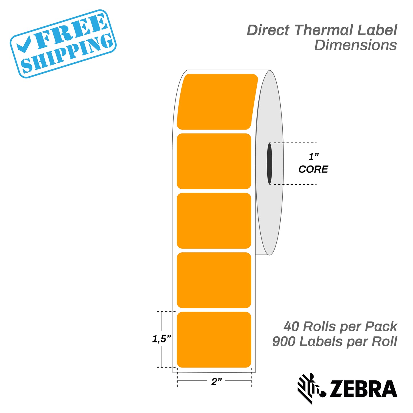 2"x1.5" - Direct Thermal Labels - 1” Core - 40 Rolls per Pack - warehouse supplies