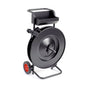 Black industrial strapping dispenser cart with 16-inch core, heavy-duty brake, handle, and wheels for steel and poly strapping.