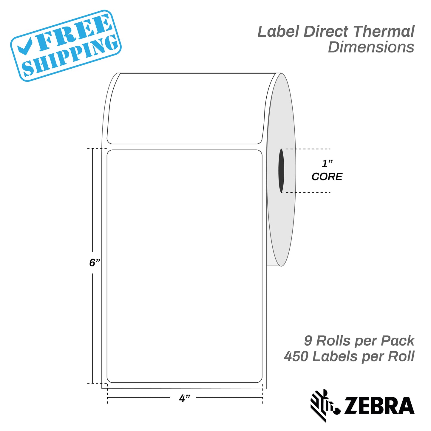 4”X6" - Direct Thermal Labels - 1” Core - 9 Rolls per Pack - 450 labels per roll - (4050 Labels) - warehouse supplies