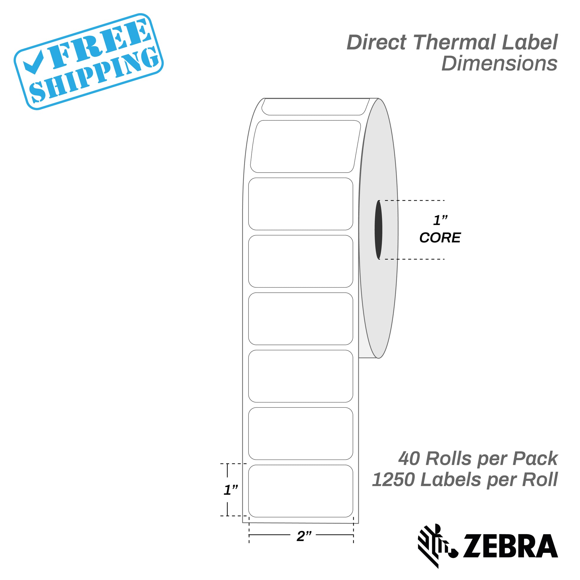 2"x1" - Direct Thermal Labels - 1” Core - 40 Rolls per Pack - warehouse supplies