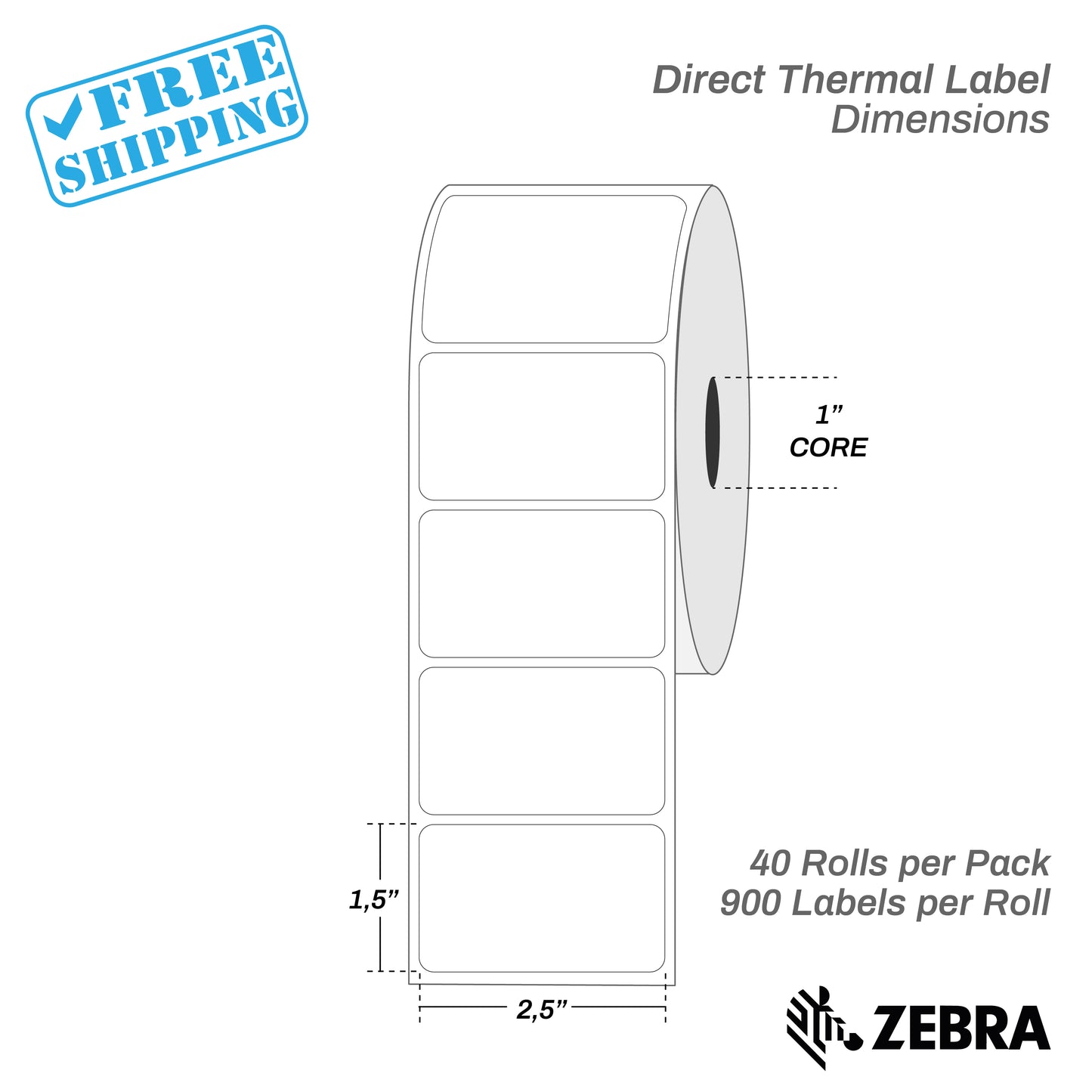 2.5"x1.5" - Direct Thermal Labels - 1” Core - 40 Rolls per Pack - warehouse supplies