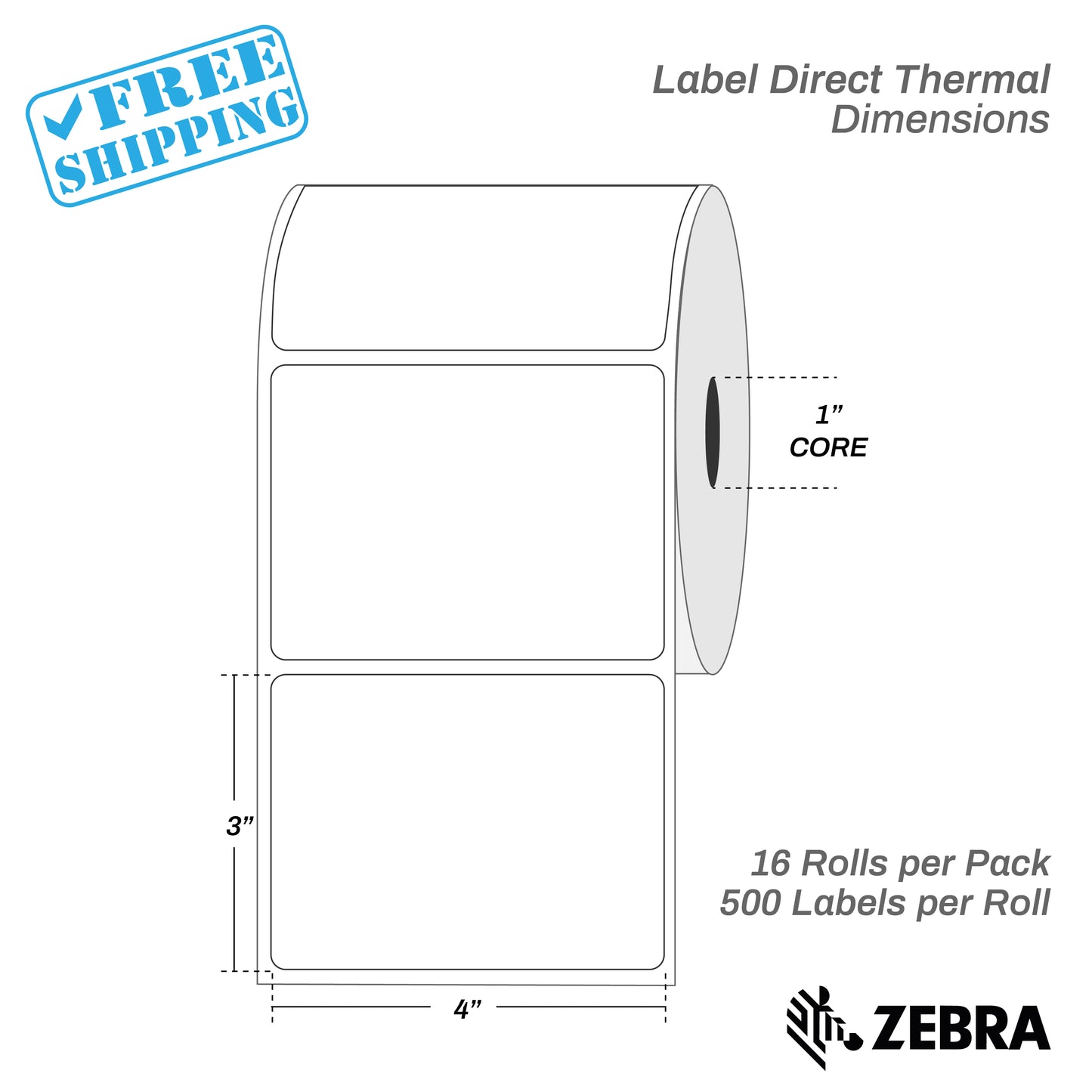 4”X3" - Direct Thermal Labels - 1” Core - 16 Rolls per Pack - 500 labels per roll - (8000 Labels) - warehouse supplies