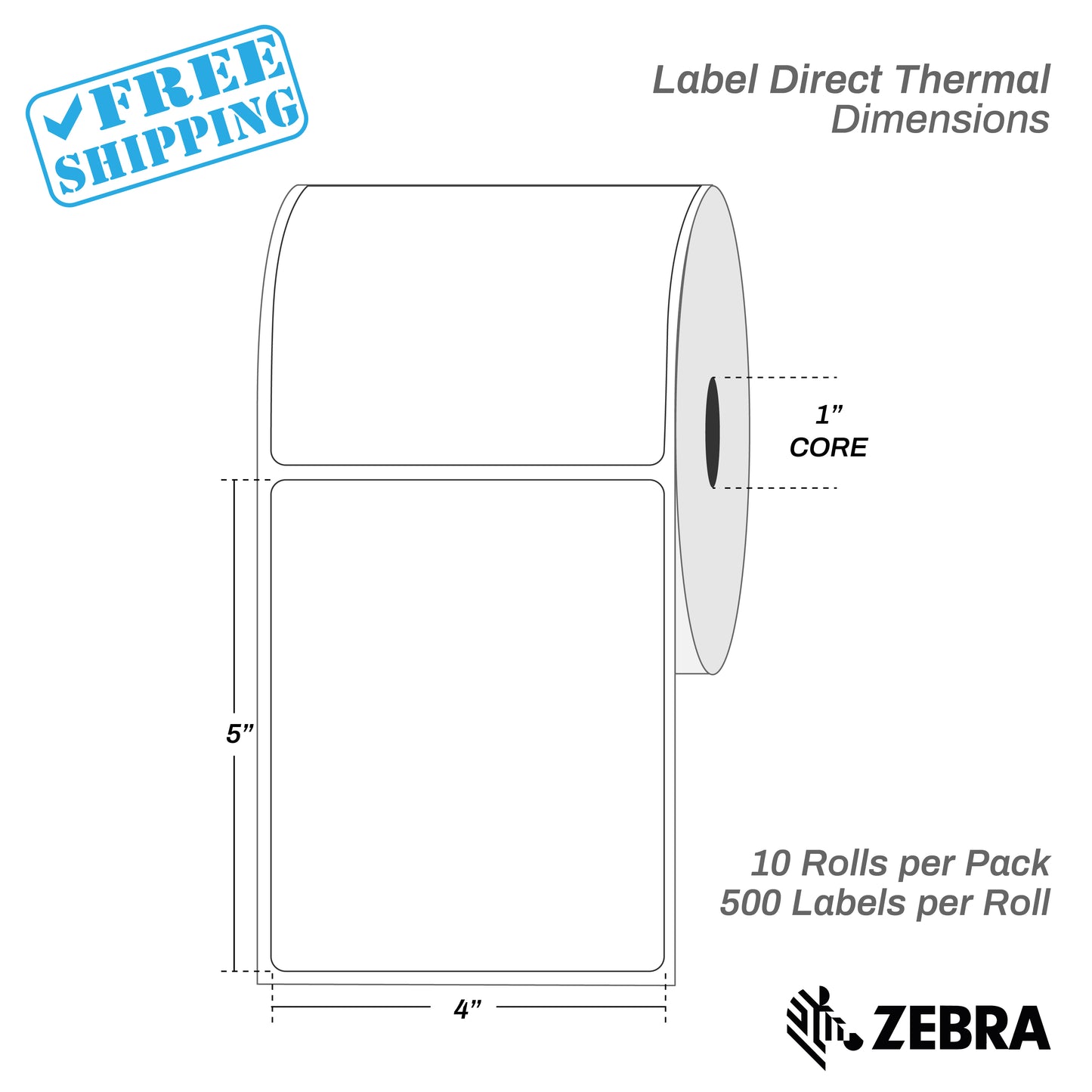 4”X5" - Direct Thermal Labels - 1” Core - 10 Rolls per Pack - 600 labels per roll - (6000 Labels) - warehouse supplies