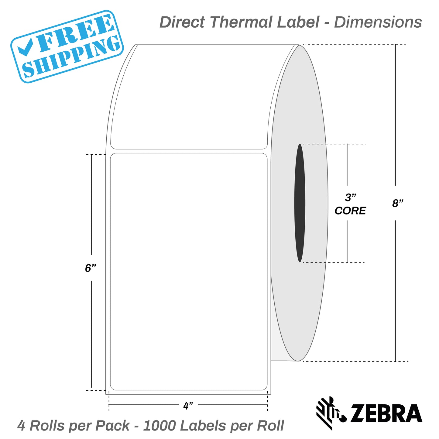 4”X6" - Direct Thermal Labels - 3” Core - 4 Rolls per Pack - 1000 labels per roll - (4000 Labels) - warehouse supplies