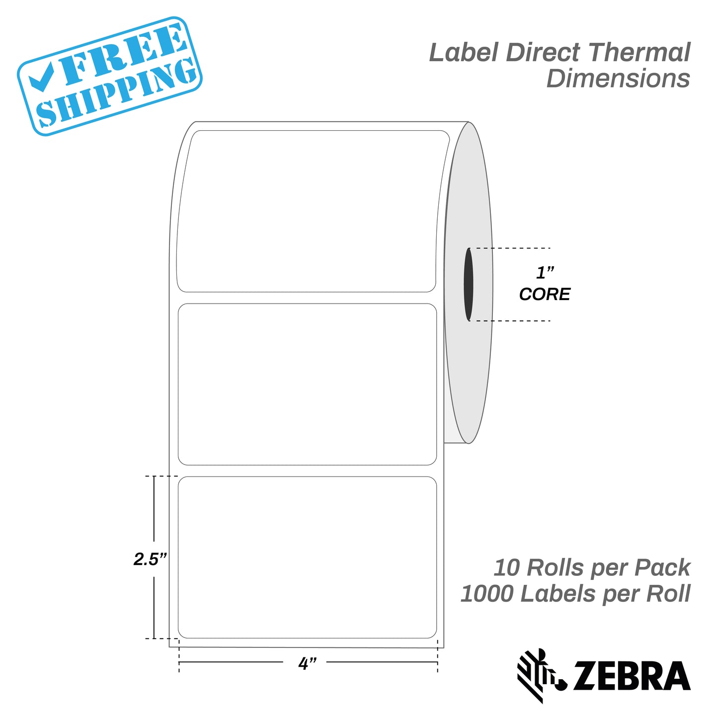 4”X2.5" - Direct Thermal Labels - 1” Core - 10 Rolls per Pack - 1000 labels per roll - (10000 Labels) - warehouse supplies
