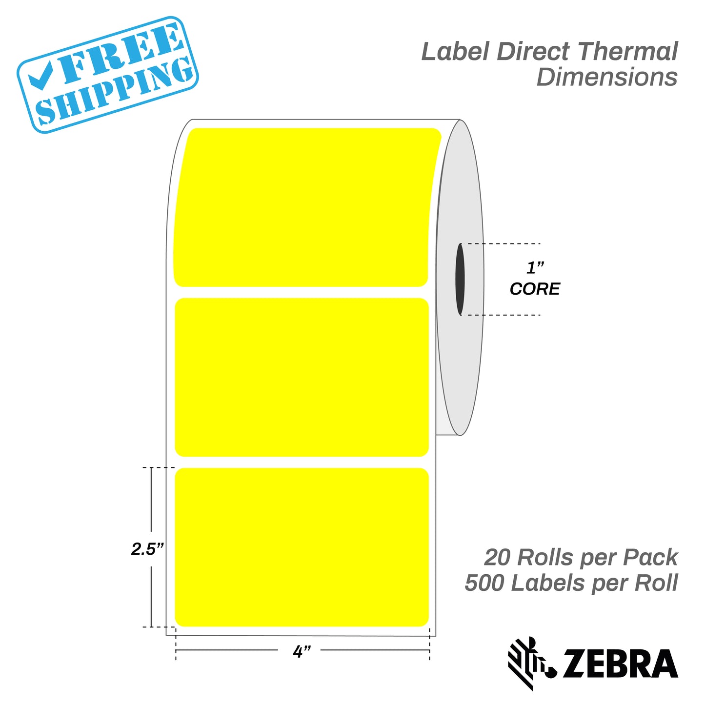4”X2.5" - Direct Thermal Labels - 1” Core - 20 Rolls per Pack - 500 labels per roll - (10000 Labels) - warehouse supplies