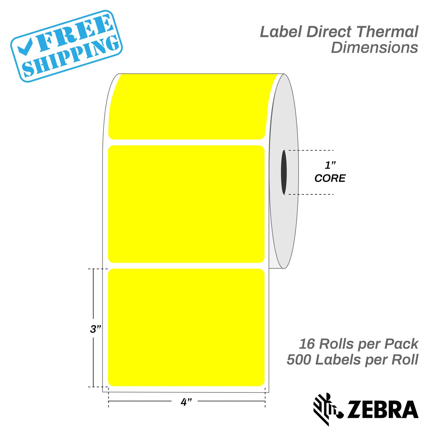 4”X3" - Direct Thermal Labels - 1” Core - 16 Rolls per Pack - 500 labels per roll - (8000 Labels) - warehouse supplies