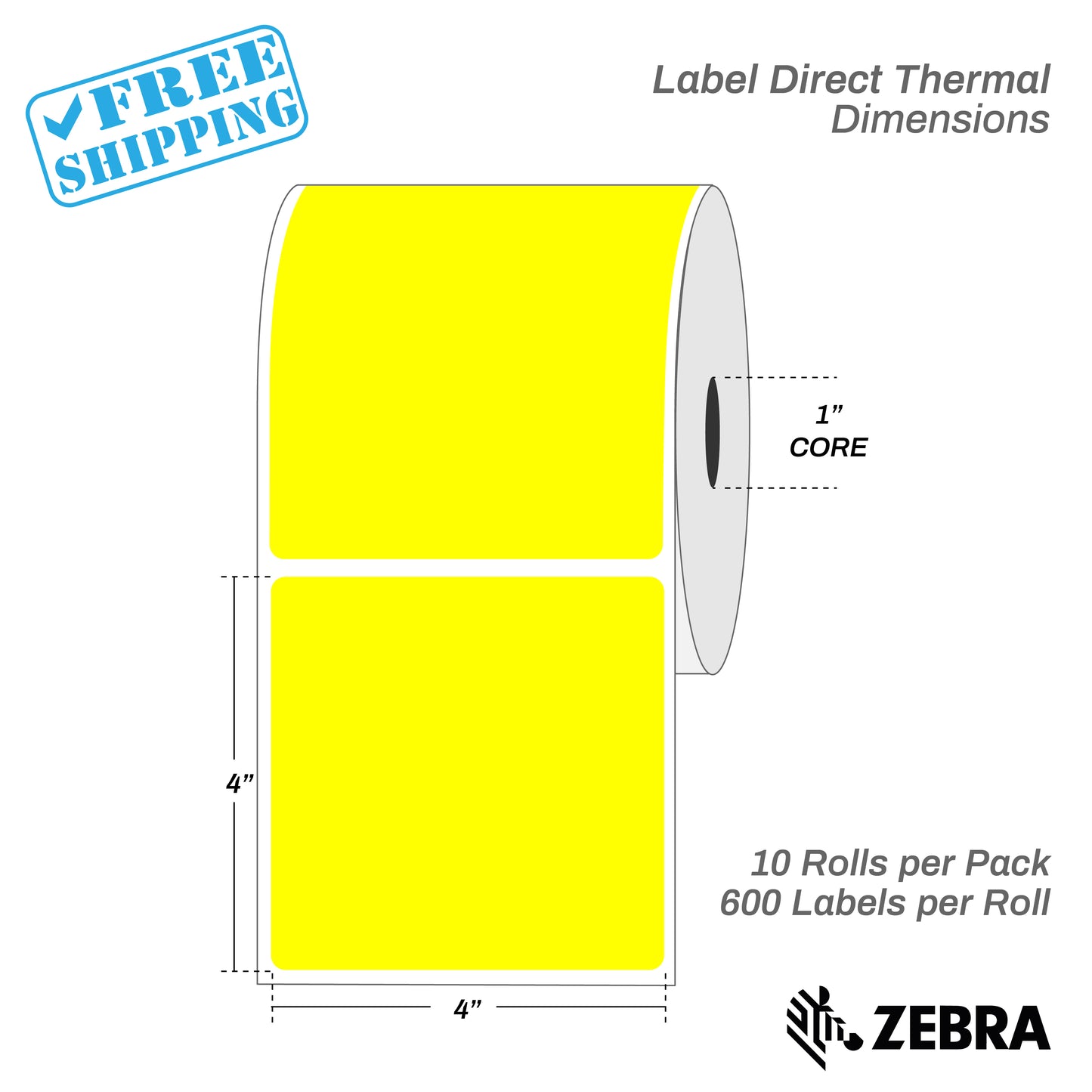 4”X4" - Direct Thermal Labels - 1” Core - 10 Rolls per Pack - 600 labels per roll - (6000 Labels) - warehouse supplies