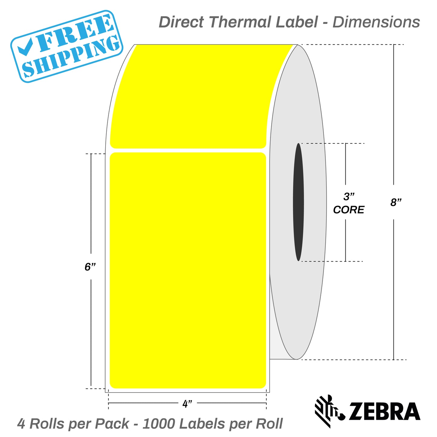 4”X6" - Direct Thermal Labels - 3” Core - 4 Rolls per Pack - 1000 labels per roll - (4000 Labels) - warehouse supplies