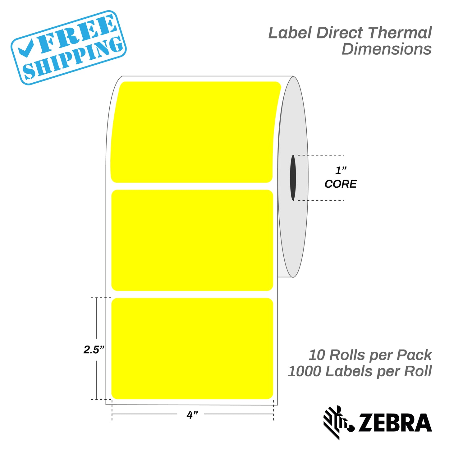 4”X2.5" - Direct Thermal Labels - 1” Core - 10 Rolls per Pack - 1000 labels per roll - (10000 Labels) - warehouse supplies